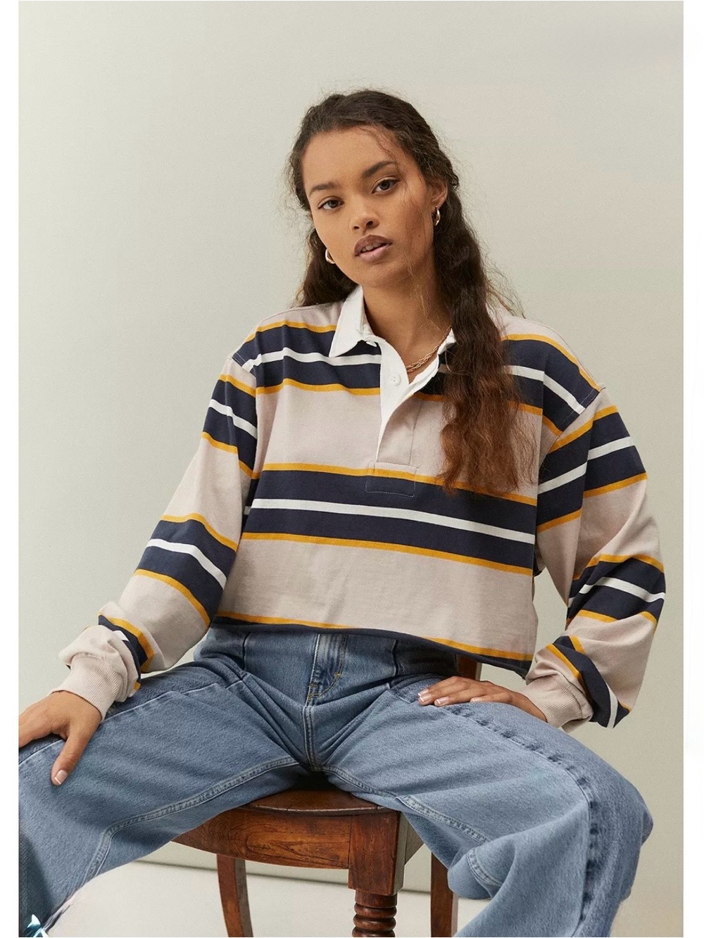 Urban Outfitters BDG Striped Jefferson Cropped Long Sleeve Rugby Polo Size Small - Picture 1 of 9